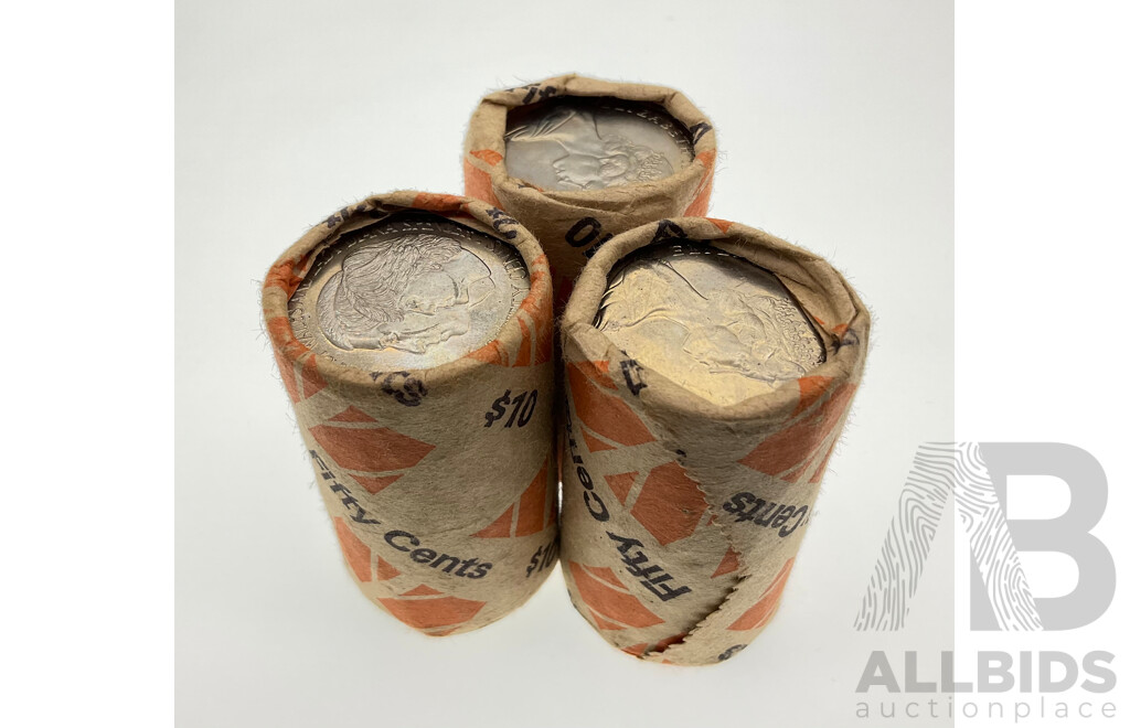 Three Australian 1981 Fifty Cent Coin Rolls, Charles and Diana