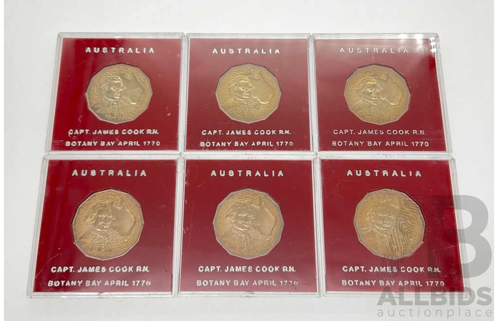 Six Australian 1970 UNC Fifty Cent Coins, Captain Cook