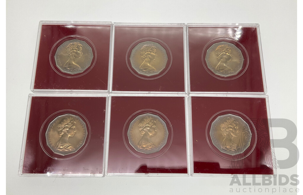 Six Australian 1970 UNC Fifty Cent Coins, Captain Cook