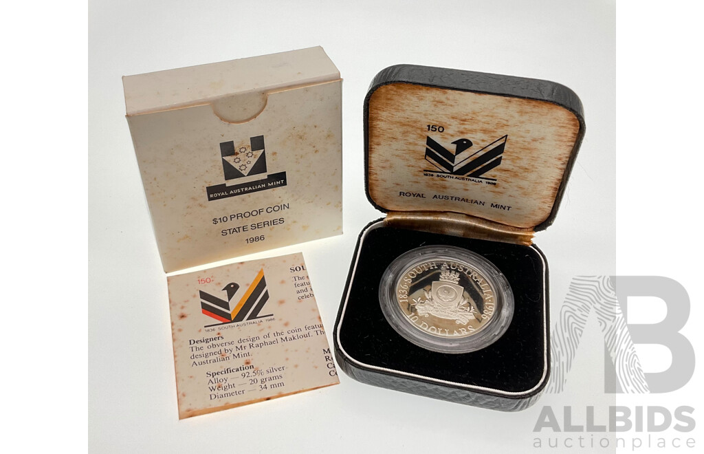 Australian RAM 1986 Silver Proof Ten Dollar Coin, State Series, South Australia .925