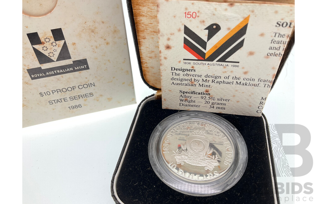 Australian RAM 1986 Silver Proof Ten Dollar Coin, State Series, South Australia .925