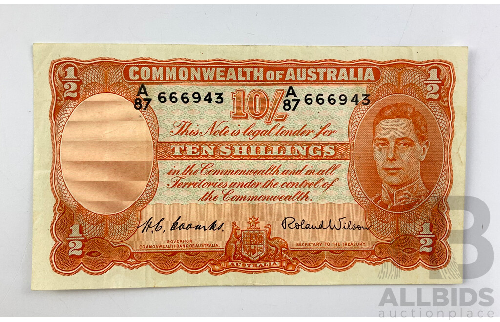Australian 1952 Ten Shilling Note, Coombs/Wilson R15 A87 666943