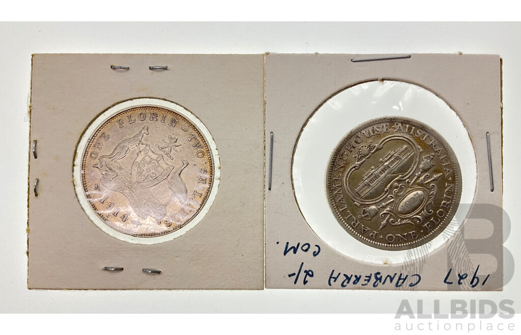 Two Australian Silver Florins, 1914H and 1927 Commemorative .925