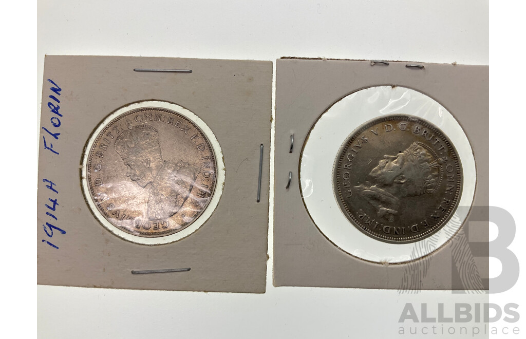 Two Australian Silver Florins, 1914H and 1927 Commemorative .925