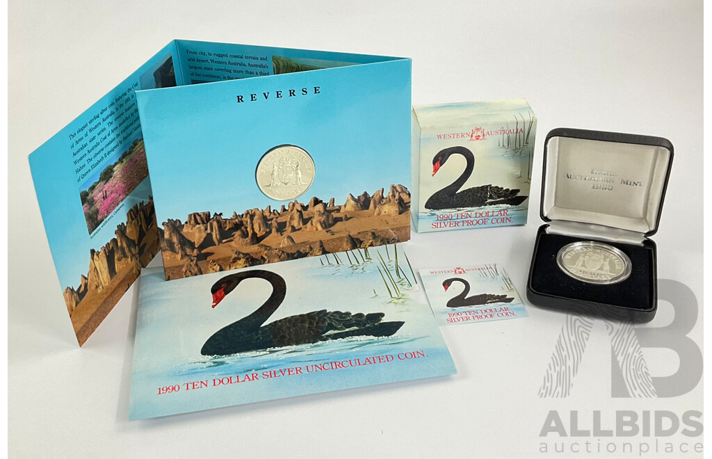 Australian 1990 Silver Ten Dollar Proof and UNC Coins, State Series, Western Australia .925