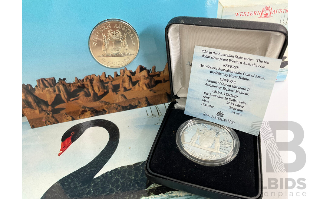 Australian 1990 Silver Ten Dollar Proof and UNC Coins, State Series, Western Australia .925