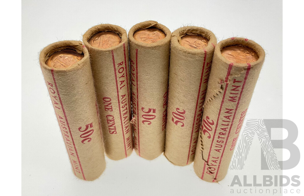 Five Australian RAM 1981 One Cent Coin Rolls