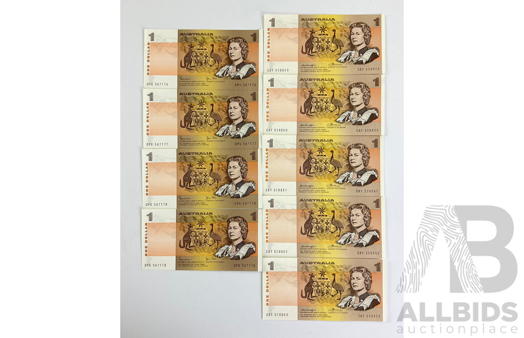 Australian One Dollar Notes Including 1976 Knight/Wheeler R76BII Consecutive CAY 558859 - CAY 558863 and 1982 Johnston/Stone R78 Consecutive  DPG 567176 -  DPG 567179