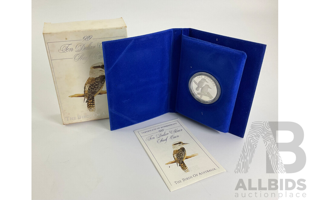 Australian RAM 1989 Ten Dollar Silver Proof Coin, Birds of Australia, Kookaburra .925