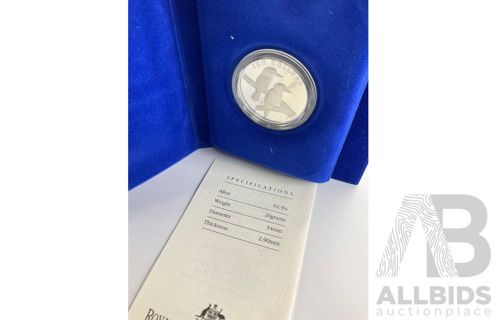 Australian RAM 1989 Ten Dollar Silver Proof Coin, Birds of Australia, Kookaburra .925