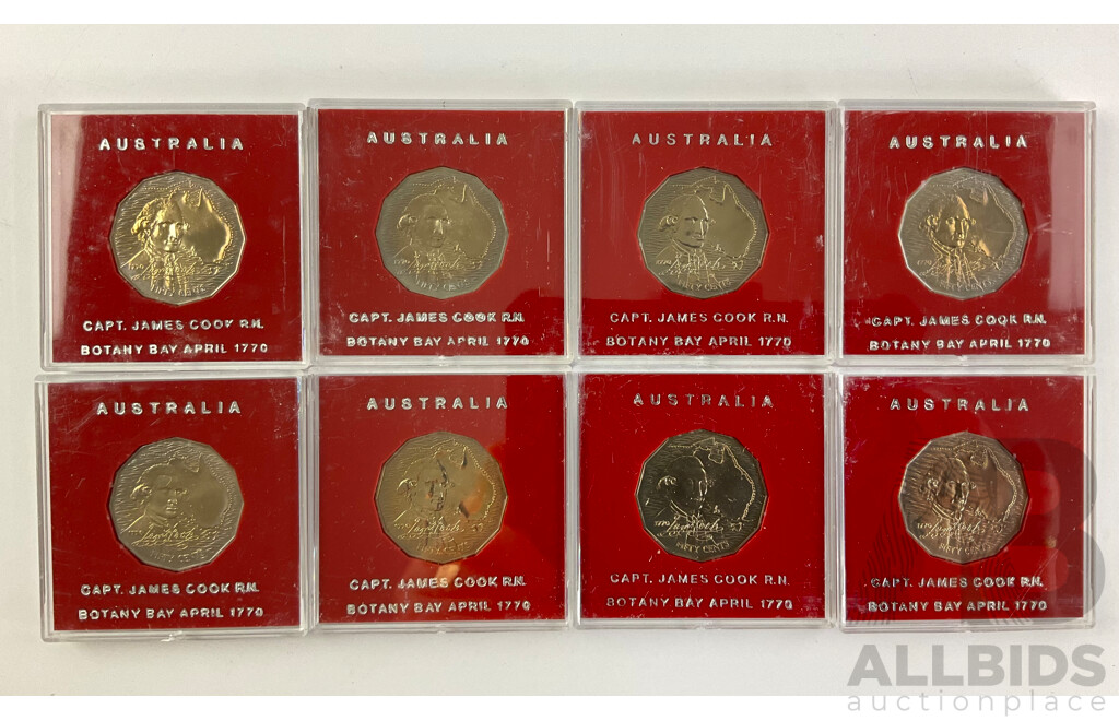 Eight Australian 1970 UNC Fifty Cent Coins, Captain Cook