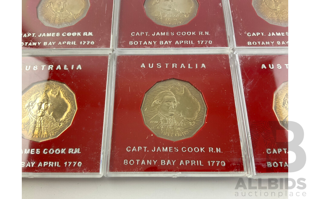 Eight Australian 1970 UNC Fifty Cent Coins, Captain Cook