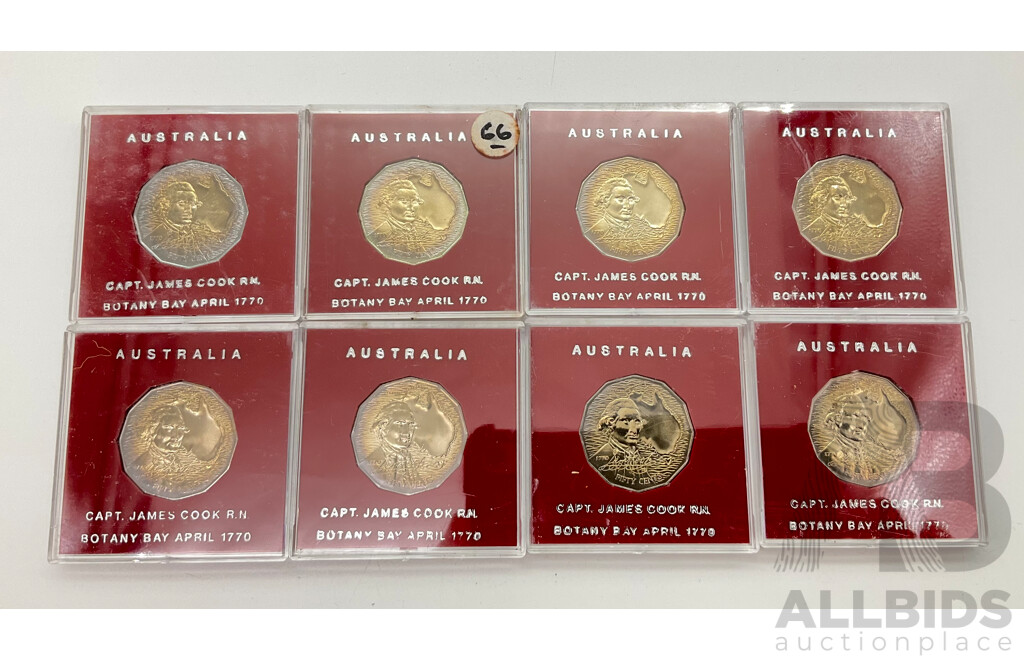 Eight Australian 1970 UNC Fifty Cent Coins, Captain Cook