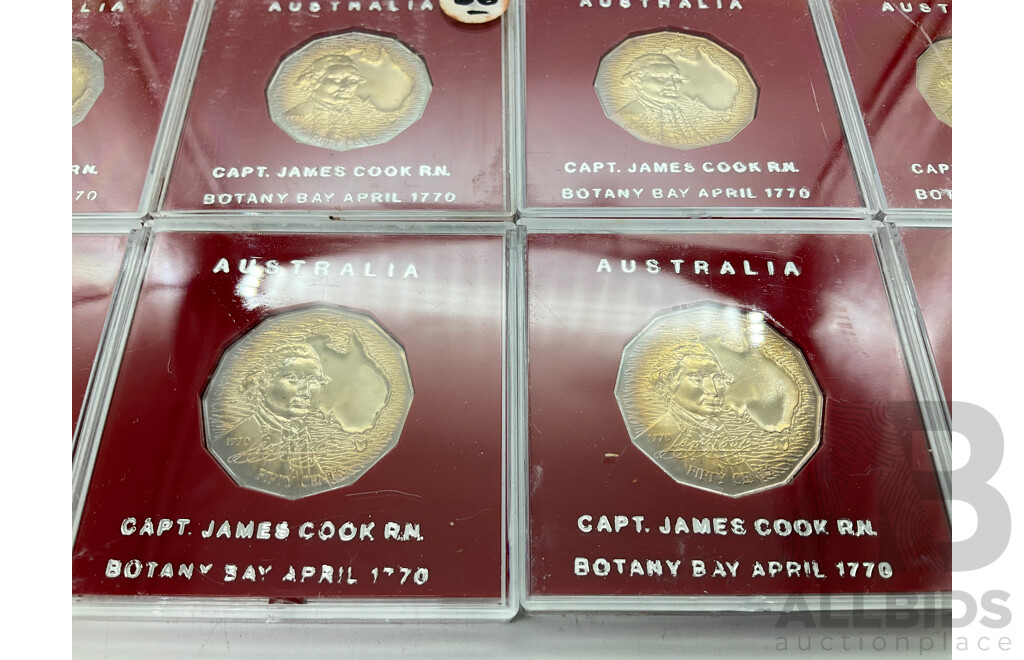 Eight Australian 1970 UNC Fifty Cent Coins, Captain Cook