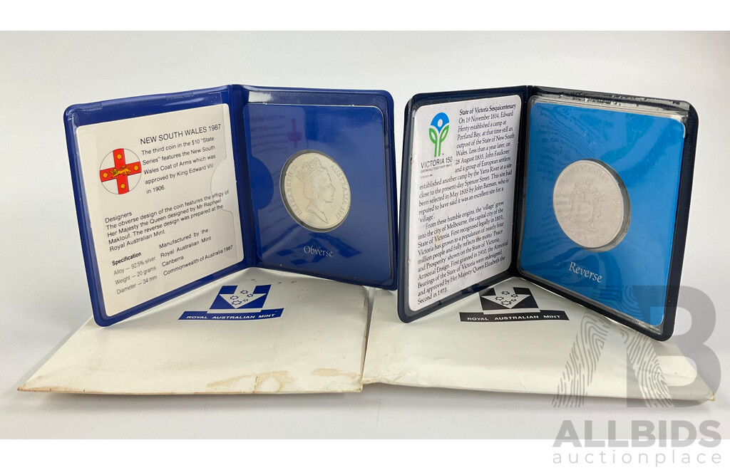 Two Australian Commemorative Silver Ten Dollar Coins, State Series 1985 Victoria and 1987 New South Wales .925