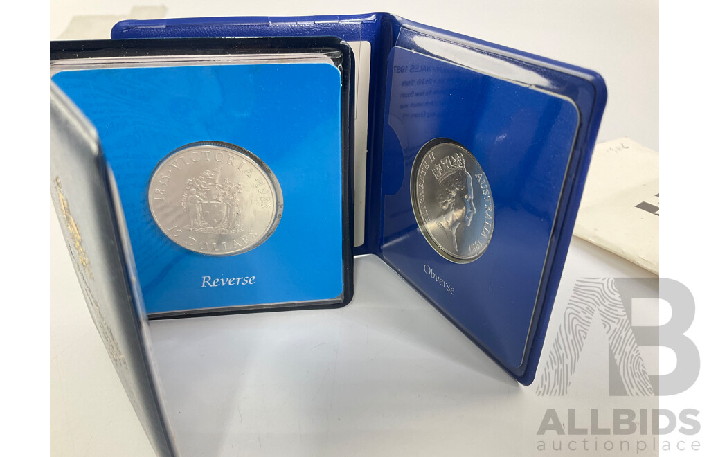 Two Australian Commemorative Silver Ten Dollar Coins, State Series 1985 Victoria and 1987 New South Wales .925