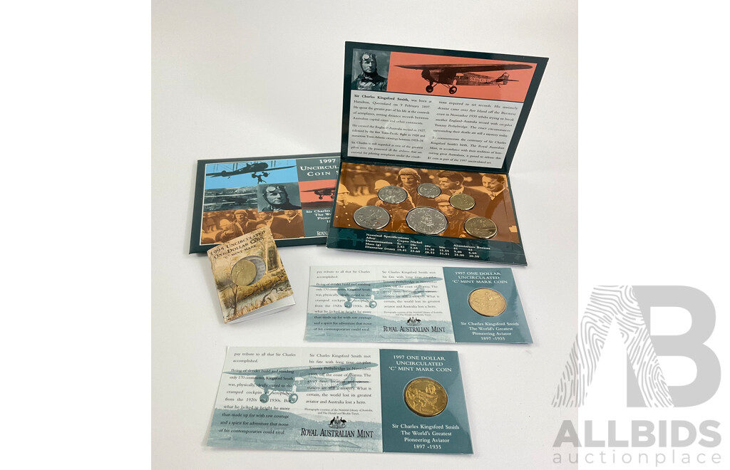 Australian 1997 Six UNC Coin Set, Sir Charles Kingsford Smith with Two One Dollar Coins,  C Mint Mark, Kingsford Smith, 1995 One Dollar, C Mint Mark Waltzing Matilda