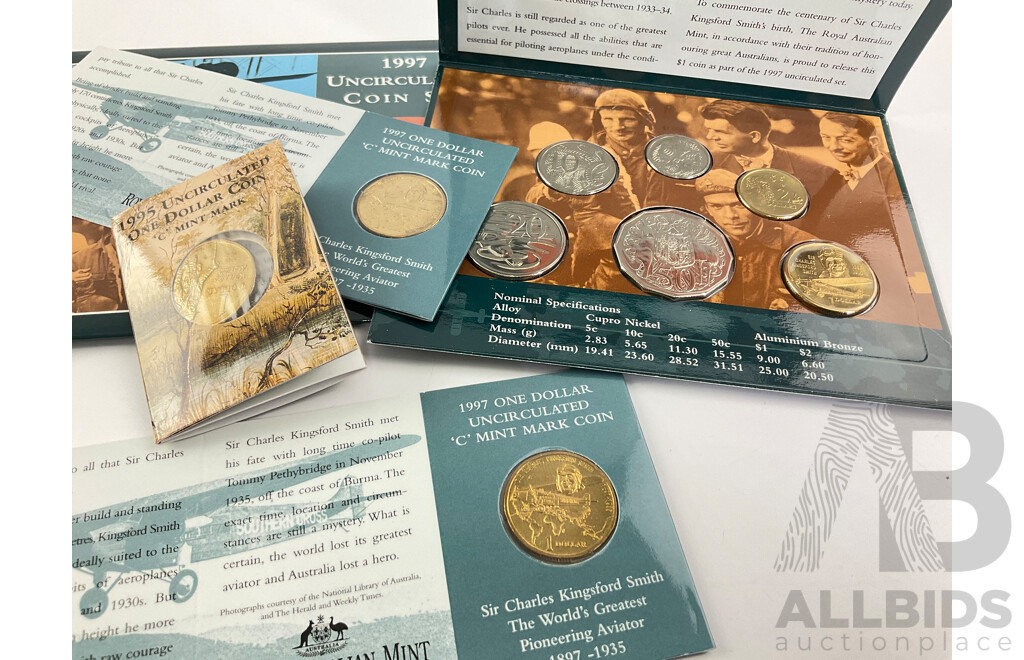 Australian 1997 Six UNC Coin Set, Sir Charles Kingsford Smith with Two One Dollar Coins,  C Mint Mark, Kingsford Smith, 1995 One Dollar, C Mint Mark Waltzing Matilda