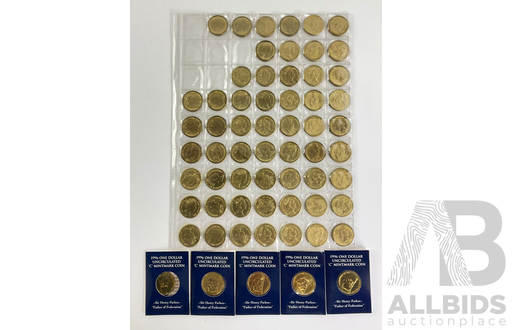 Fifty Seven Australian 1985 One Dollar Coins with Five 1996 UNC One Dollar Coins, Sir Henry Parkes 'C' Mint Mark