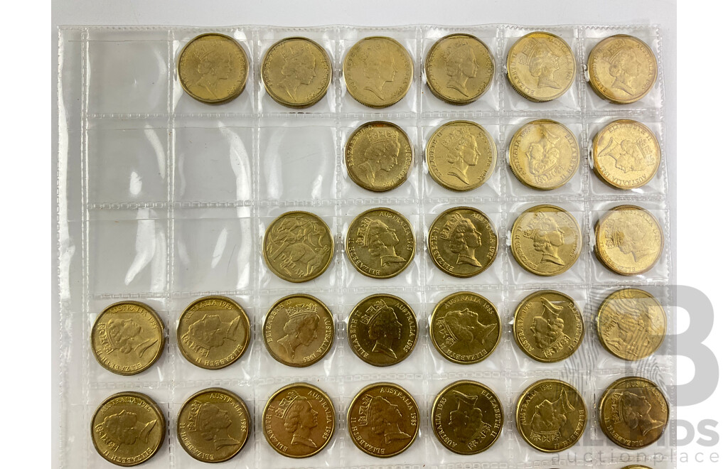 Fifty Seven Australian 1985 One Dollar Coins with Five 1996 UNC One Dollar Coins, Sir Henry Parkes 'C' Mint Mark