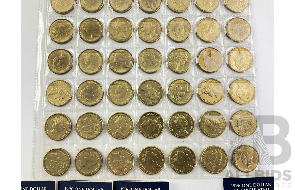 Fifty Seven Australian 1985 One Dollar Coins with Five 1996 UNC One Dollar Coins, Sir Henry Parkes 'C' Mint Mark