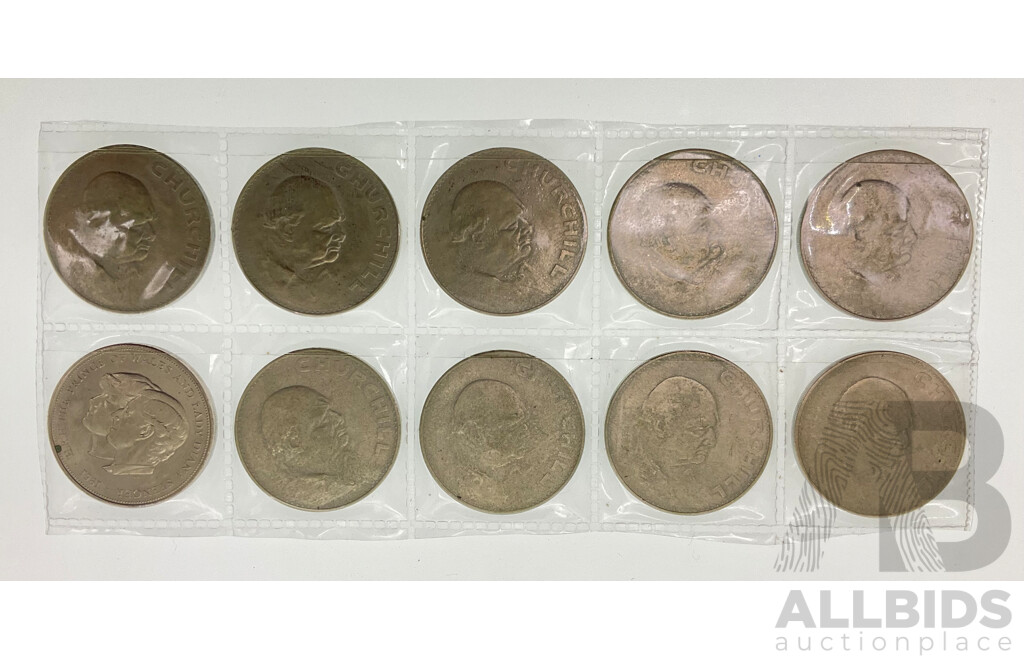 Nine United Kingdom 1965 Churchill Crowns and 1981 Charles and Diana Crown