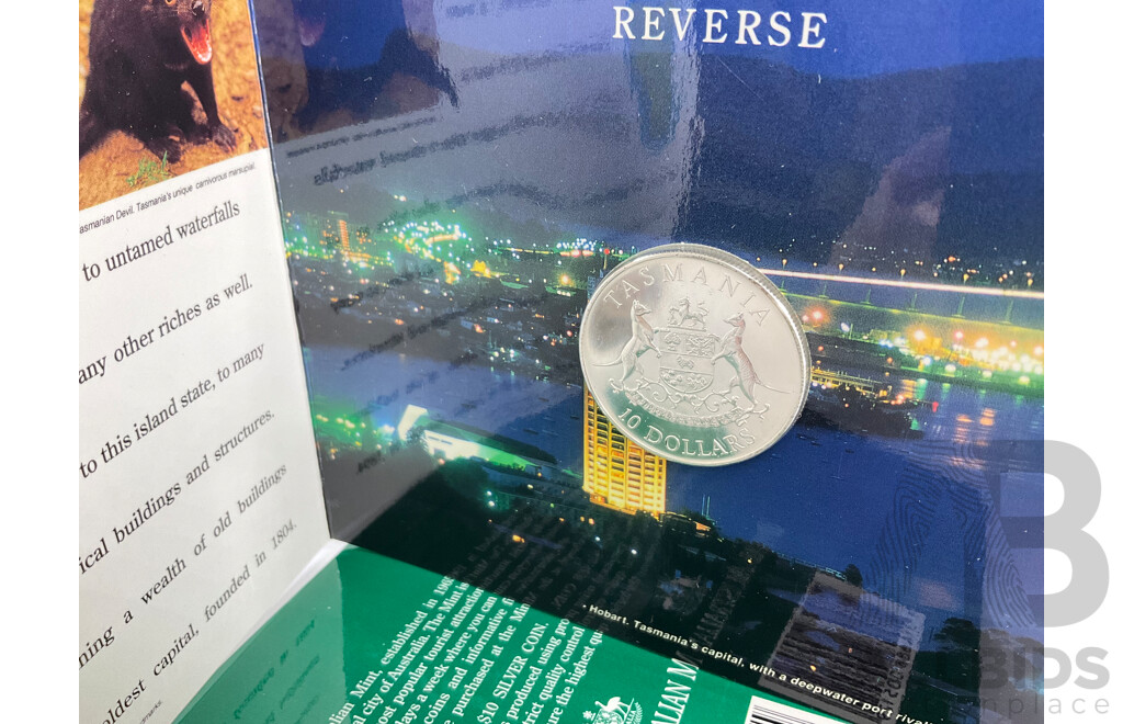 Australian RAM 1991 Silver Ten Dollar Coin, State Series, Tasmania .925