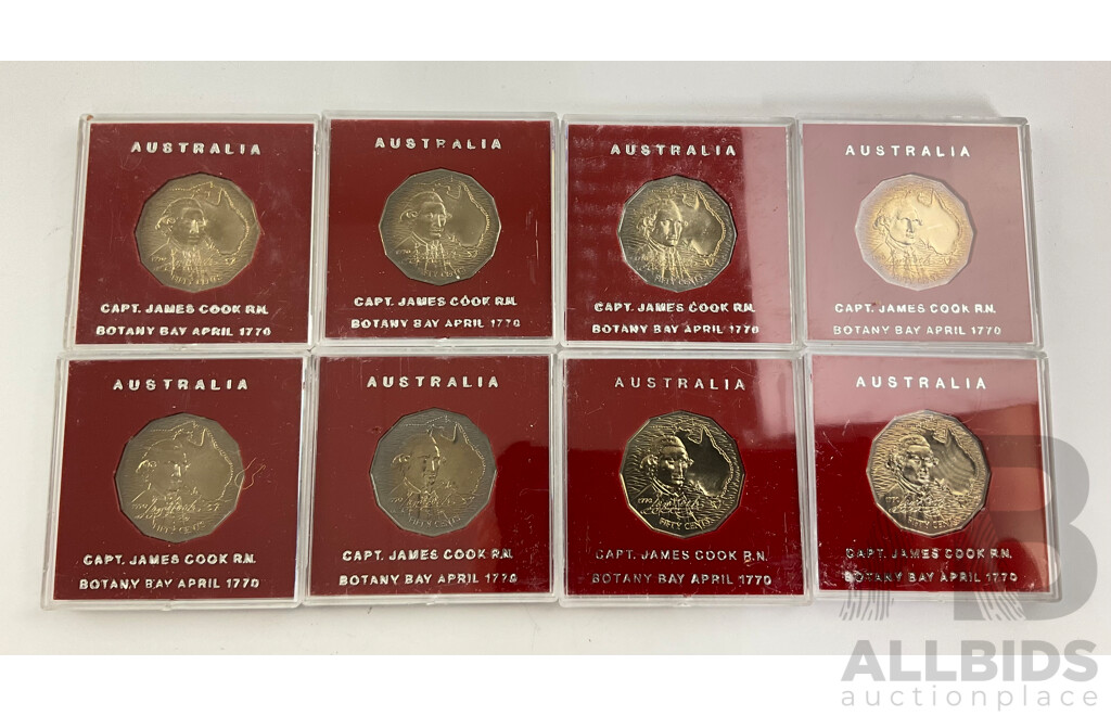 Eight Australian 1970 UNC Fifty Cent Coins, Captain Cook