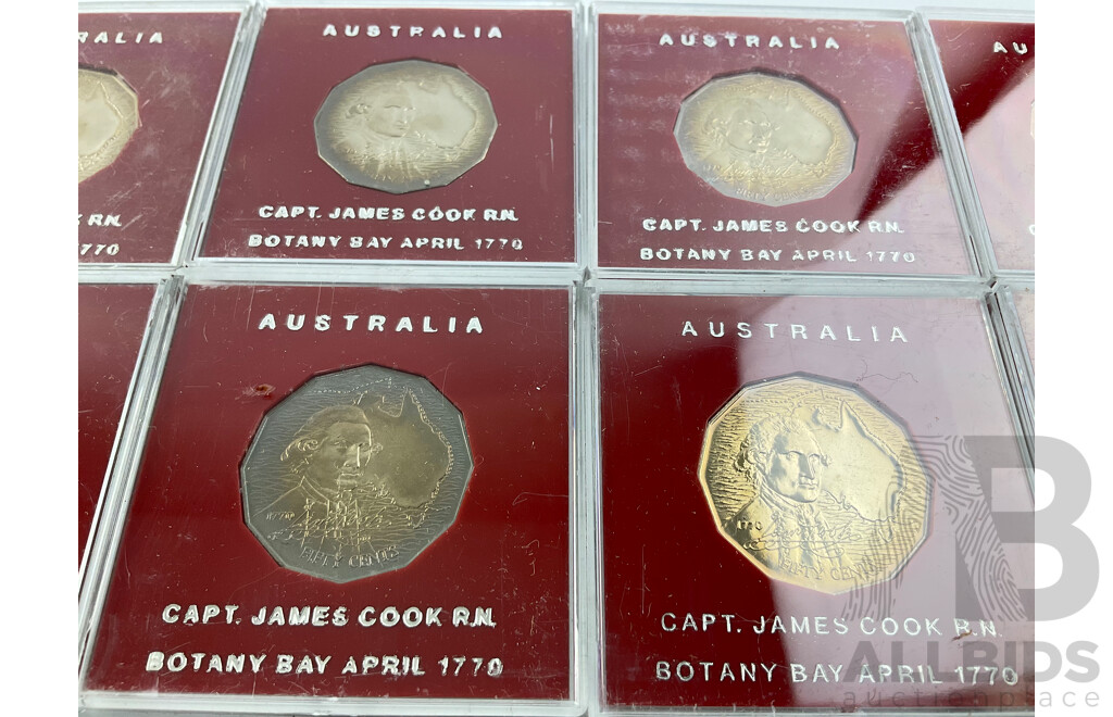 Eight Australian 1970 UNC Fifty Cent Coins, Captain Cook