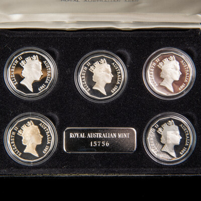 Australian RAM Masterpieces in Silver, Five Silver Commemorative Fifty Cent Coins, 1970, 1977, 1981, 1982 1989 .925