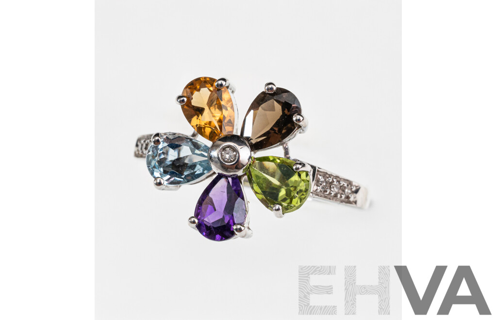 18ct White Gold Diamond & Coloured Gemstone Flower Ring, TDW 0.04ct, Size O, 4.05 Grams