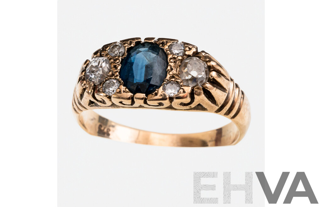 9ct Vintage Style Diamond & Sapphire Ring, TDW 0.37ct/S0.49ct, Size M, 3.36 Grams