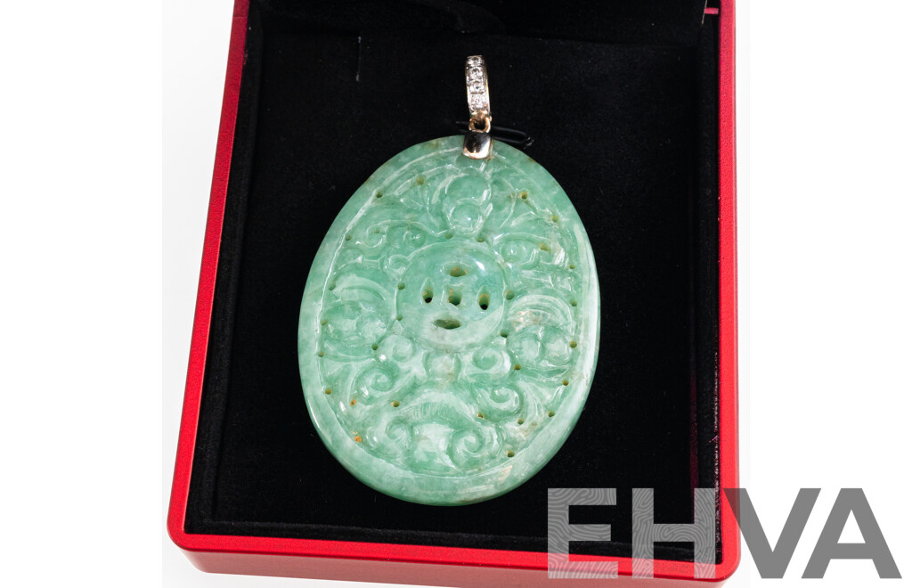 18ct Carved Type a Jade Pendant, Diamond Set Bale, TDW 0.12ct, 62mm Long, 26.18 Grams
