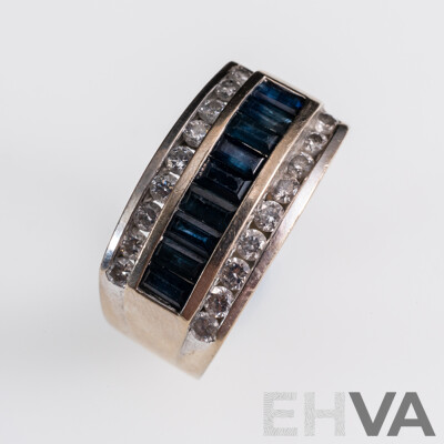 14ct White Gold Diamond & Sapphire Unisex Dress Ring, TDW 0.61ct/S0.67ct, Size T, 9.71 Grams