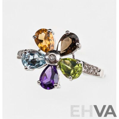 18ct White Gold Diamond & Coloured Gemstone Flower Ring, TDW 0.04ct, Size O, 4.05 Grams