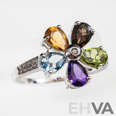 18ct White Gold Diamond & Coloured Gemstone Flower Ring, TDW 0.04ct, Size O, 4.05 Grams