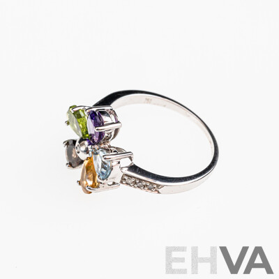 18ct White Gold Diamond & Coloured Gemstone Flower Ring, TDW 0.04ct, Size O, 4.05 Grams