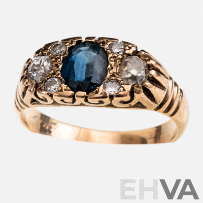 9ct Vintage Style Diamond & Sapphire Ring, TDW 0.37ct/S0.49ct, Size M, 3.36 Grams