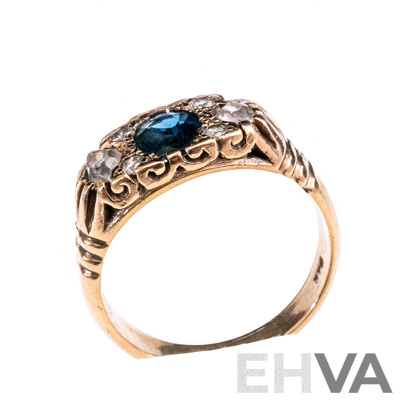 9ct Vintage Style Diamond & Sapphire Ring, TDW 0.37ct/S0.49ct, Size M, 3.36 Grams
