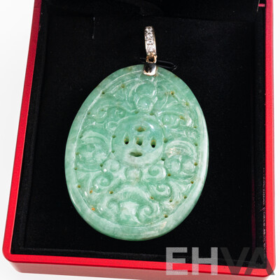 18ct Carved Type a Jade Pendant, Diamond Set Bale, TDW 0.12ct, 62mm Long, 26.18 Grams
