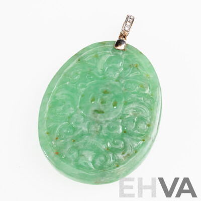 18ct Carved Type a Jade Pendant, Diamond Set Bale, TDW 0.12ct, 62mm Long, 26.18 Grams