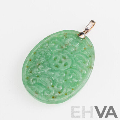 18ct Carved Type a Jade Pendant, Diamond Set Bale, TDW 0.12ct, 62mm Long, 26.18 Grams