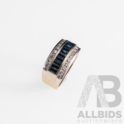 14ct White Gold Diamond & Sapphire Unisex Dress Ring, TDW 0.61ct/S0.67ct, Size T, 9.71 Grams