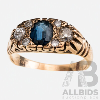 9ct Vintage Style Diamond & Sapphire Ring, TDW 0.37ct/S0.49ct, Size M, 3.36 Grams