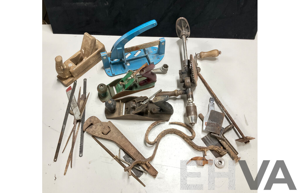 Collection of Vintage Hand Tools Including Stanley Breast Drill, Stanley and Timber Hand Planes, Plumbers Pliers