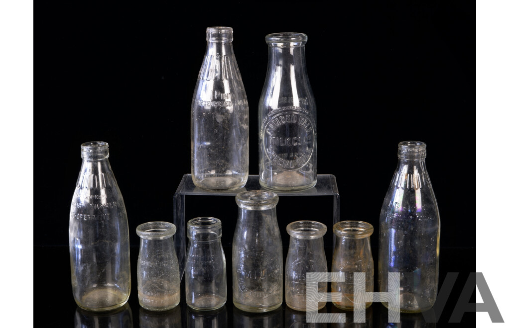 Collection Nine Vintage Glass Milk Bottles Including Camden Vale, Six Dairy Farmers Examples of Various Sizes, & Two NSW Fresh Food Pint Examples