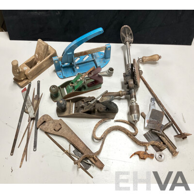 Collection of Vintage Hand Tools Including Stanley Breast Drill, Stanley and Timber Hand Planes, Plumbers Pliers