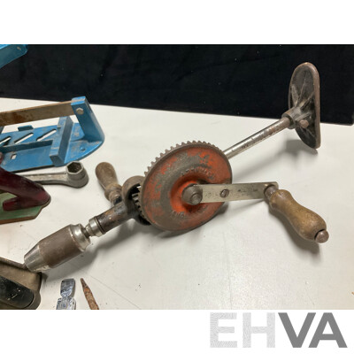 Collection of Vintage Hand Tools Including Stanley Breast Drill, Stanley and Timber Hand Planes, Plumbers Pliers