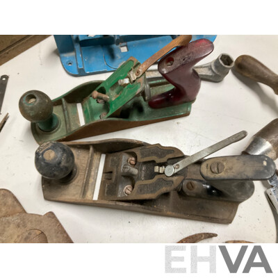 Collection of Vintage Hand Tools Including Stanley Breast Drill, Stanley and Timber Hand Planes, Plumbers Pliers