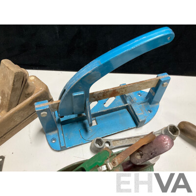 Collection of Vintage Hand Tools Including Stanley Breast Drill, Stanley and Timber Hand Planes, Plumbers Pliers